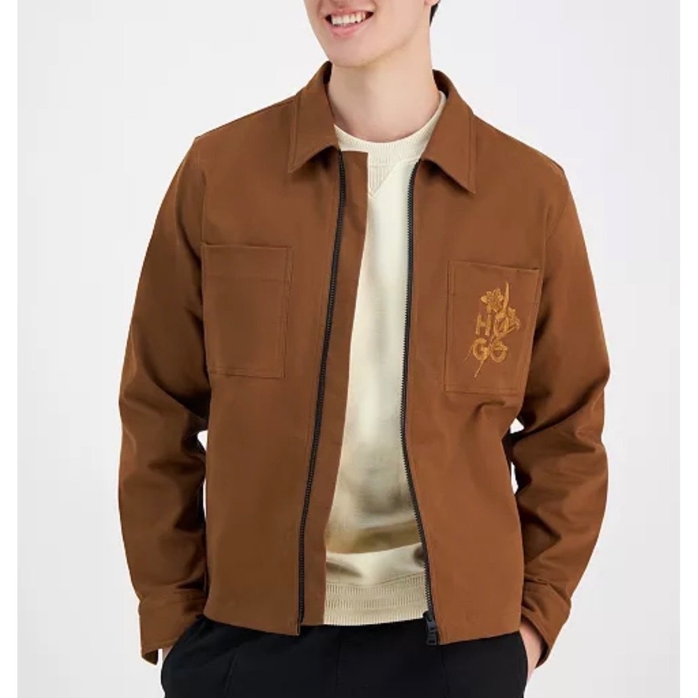 Hugo‎ Boss Evalom Brown Twill Zip-Up Workwear Jacket XL Floral Logo Embroidery